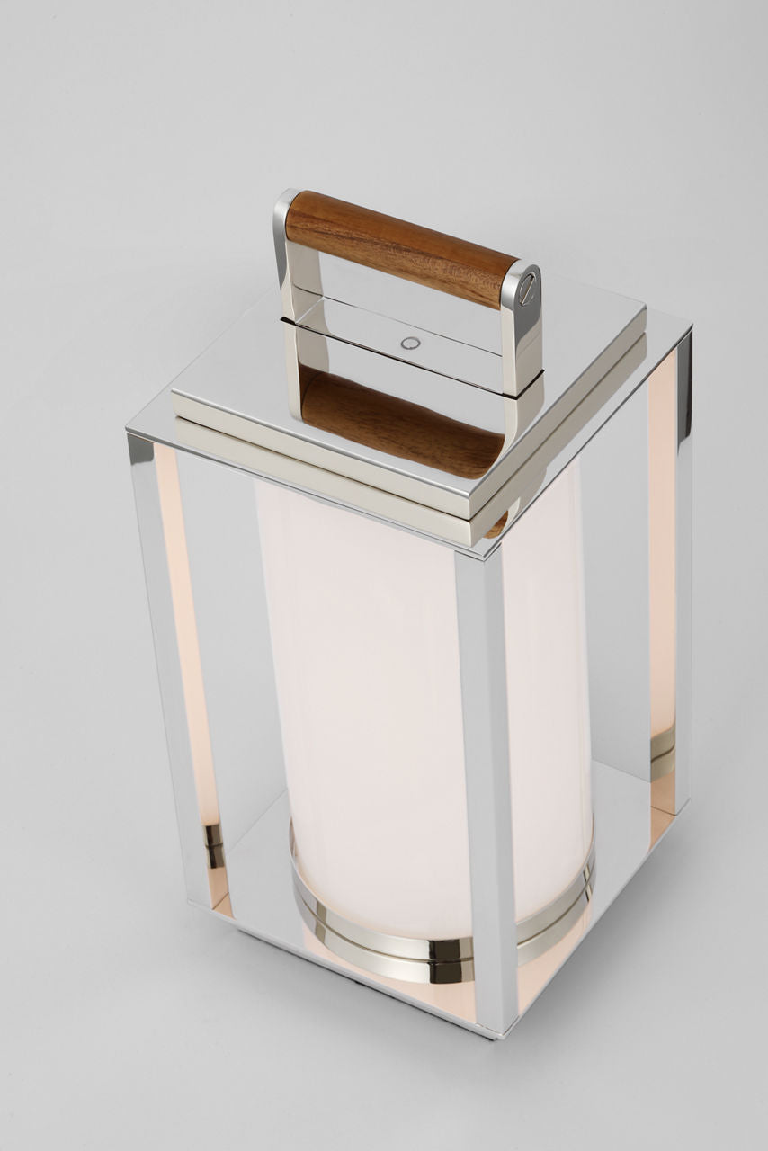 Northport Small Table Lantern | Polished Nickel and Teak | White Glass