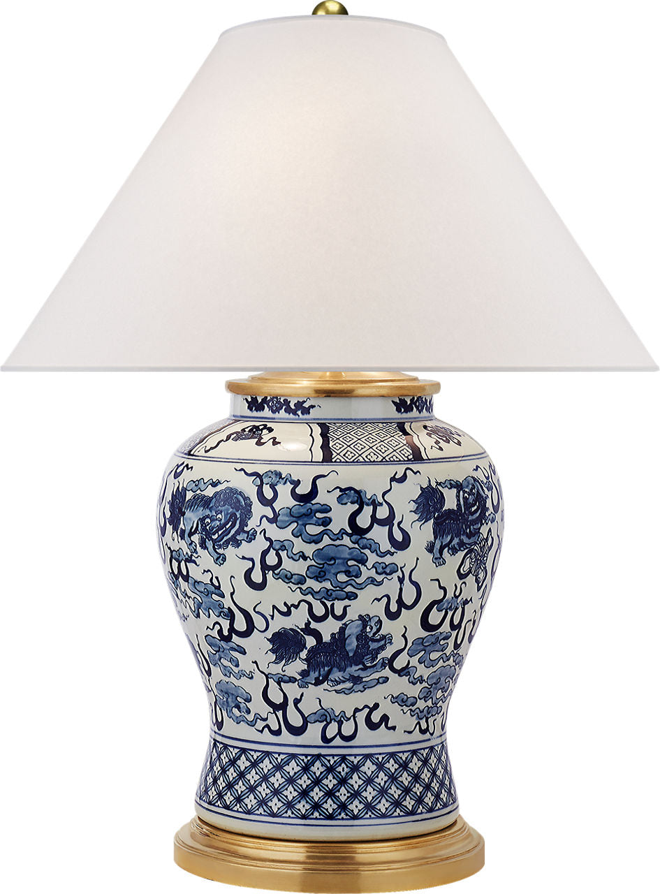 Foo Dog Medium Table Lamp | Blue and White Porcelain | Silk Shade