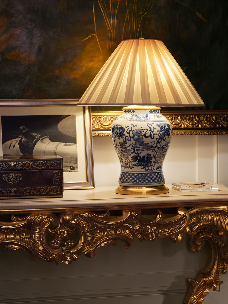Foo Dog Medium Table Lamp | Blue and White Porcelain | Silk Shade