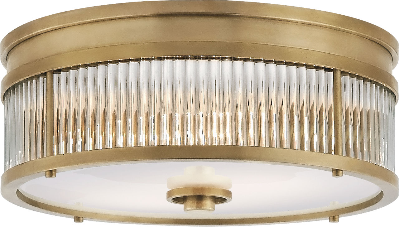 Allen Small Round Flush Mount | Natural Brass and Glass Rods | White Glass