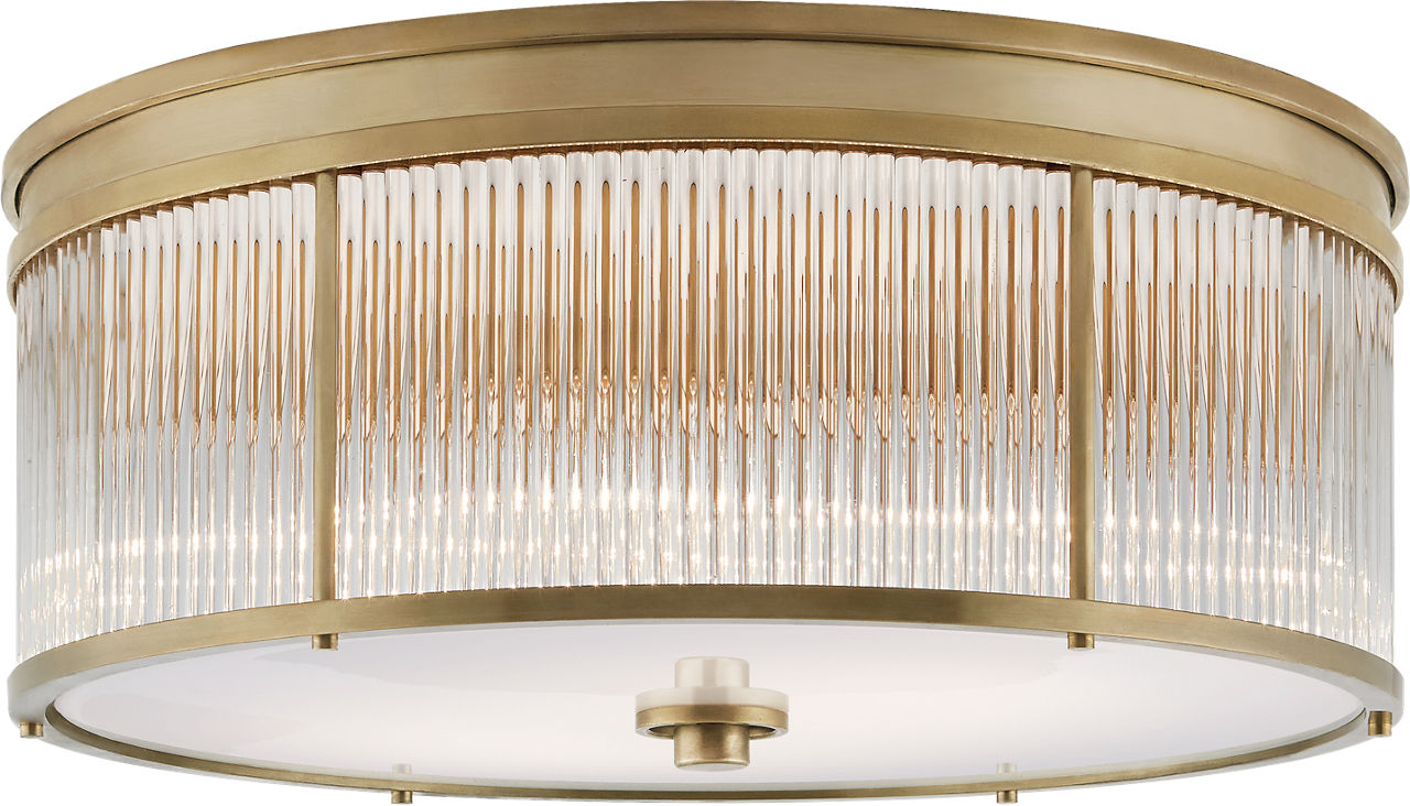 Allen Large Round Flush Mount | Natural Brass and Glass Rods | White Glass