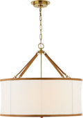 Broomfield Large Hanging Shade | Natural Brass and Saddle Leather | Linen Shade