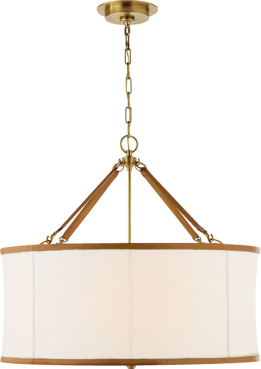 Broomfield Large Hanging Shade | Natural Brass and Saddle Leather | Linen Shade