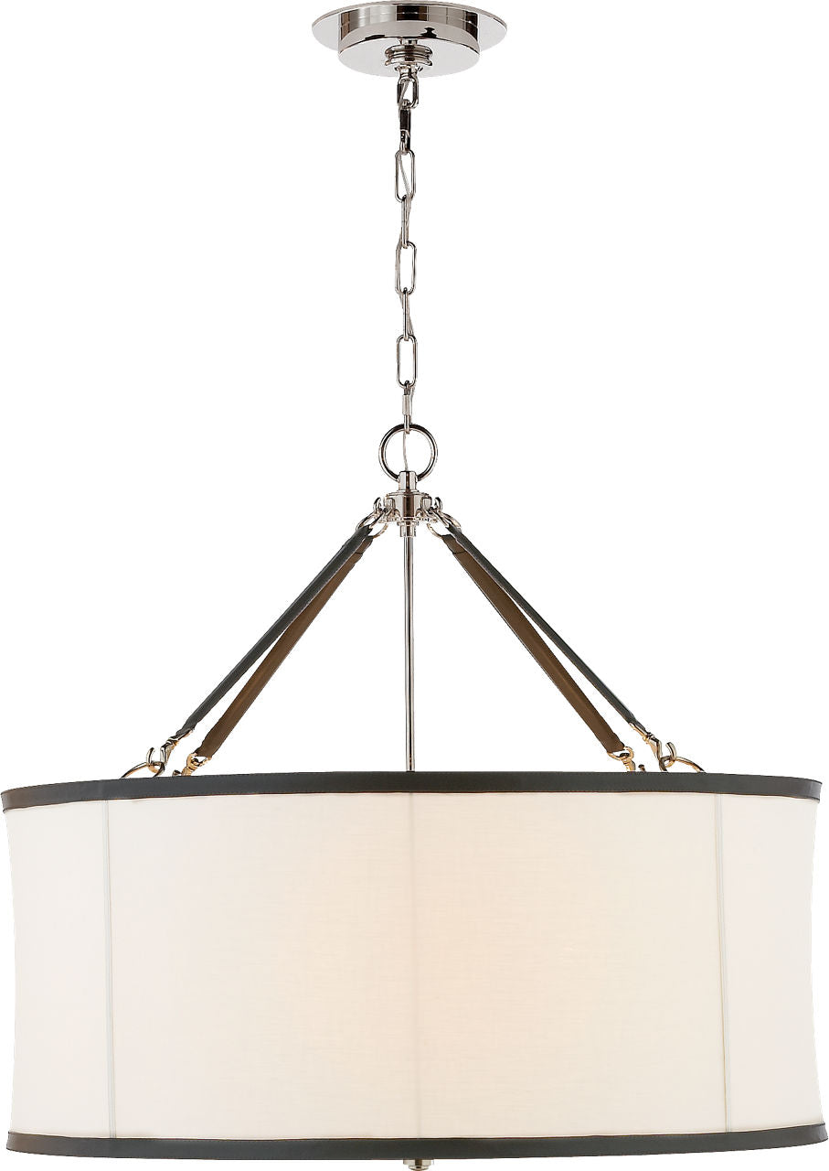 Broomfield Large Hanging Shade | Polished Nickel and Chocolate Leather | Linen Shade