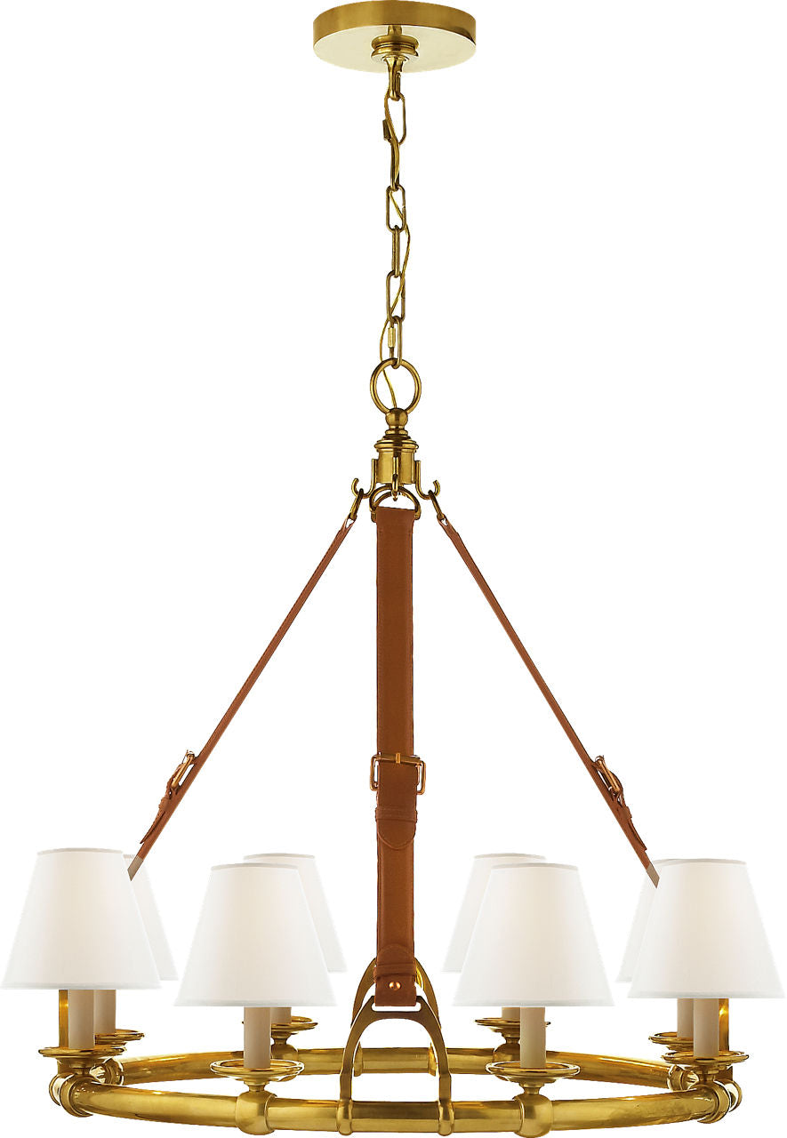 Westbury Chandelier | Natural Brass and Saddle Leather | Linen Shades