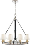 Westbury Chandelier | Polished Nickel and Chocolate Leather | Linen Shades