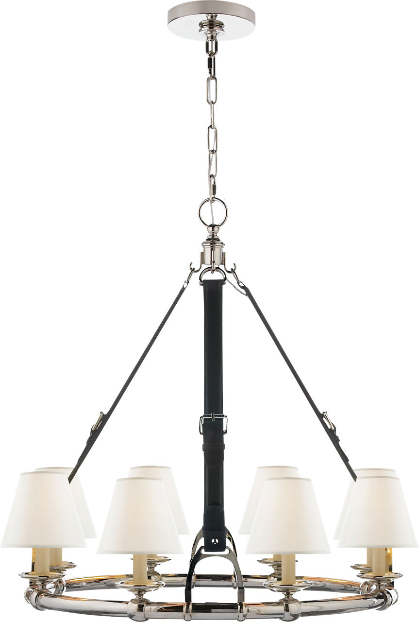 Westbury Chandelier | Polished Nickel and Chocolate Leather | Linen Shades