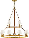 Westbury Double Tier Chandelier | Natural Brass and Saddle Leather | Linen Shades