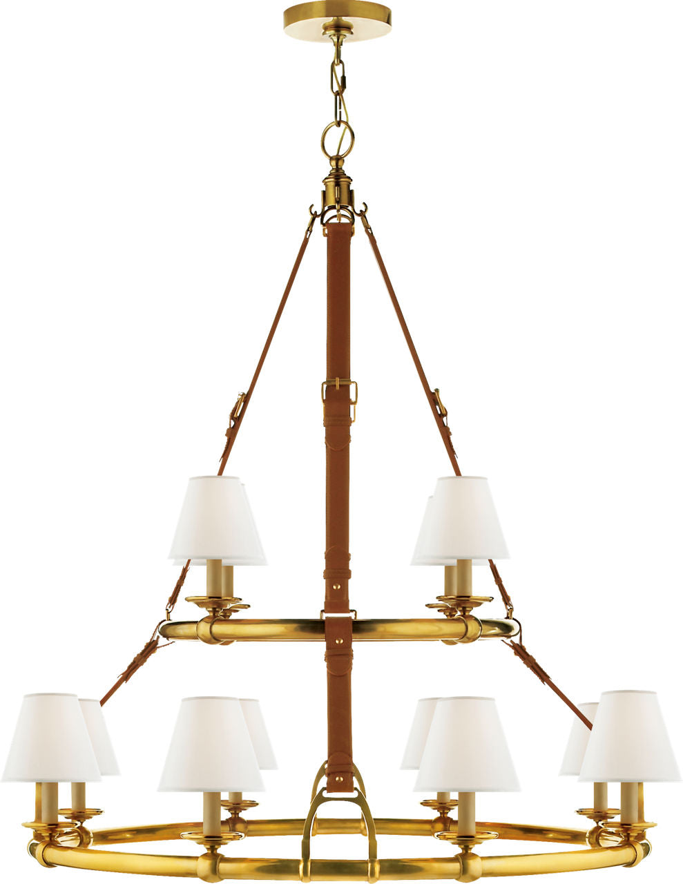 Westbury Double Tier Chandelier | Natural Brass and Saddle Leather | Linen Shades