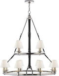 Westbury Double Tier Chandelier | Polished Nickel and Chocolate Leather | Linen Shades