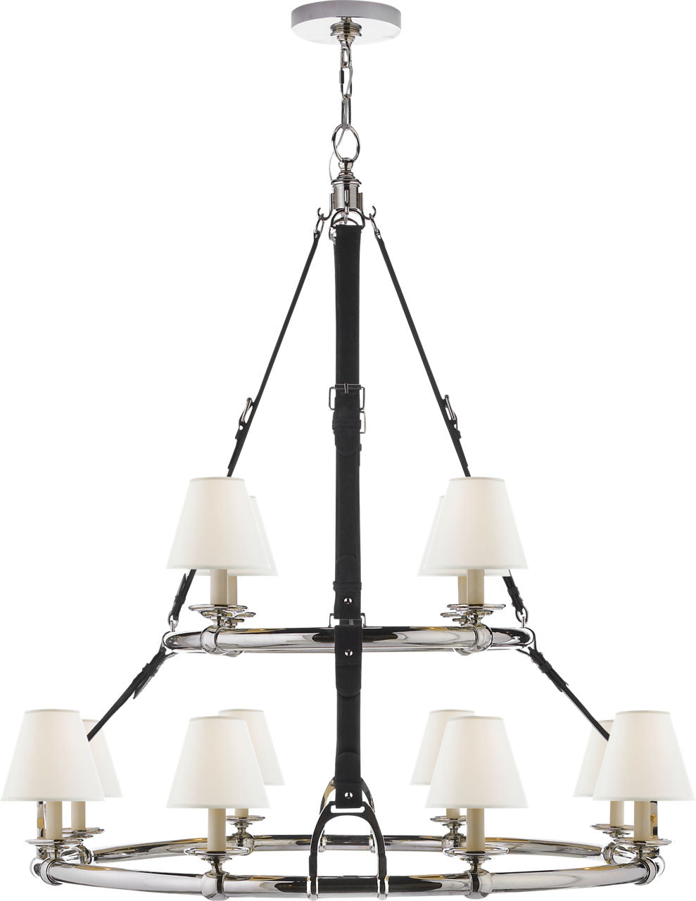 Westbury Double Tier Chandelier | Polished Nickel and Chocolate Leather | Linen Shades