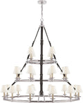 Westbury Triple Tier Chandelier | Polished Nickel and Chocolate Leather | Linen Shades