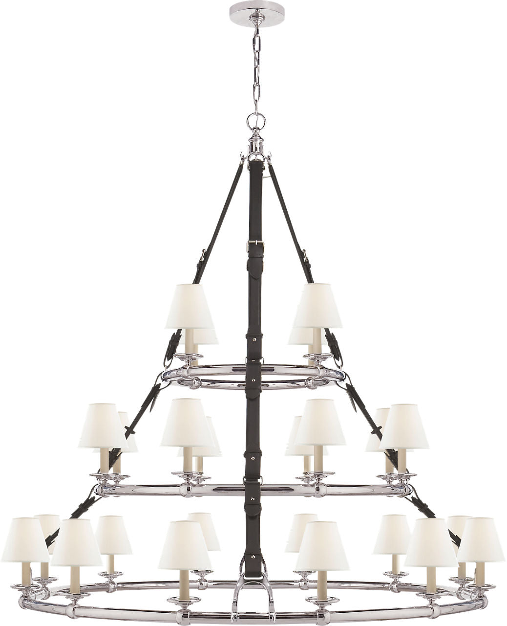 Westbury Triple Tier Chandelier | Polished Nickel and Chocolate Leather | Linen Shades
