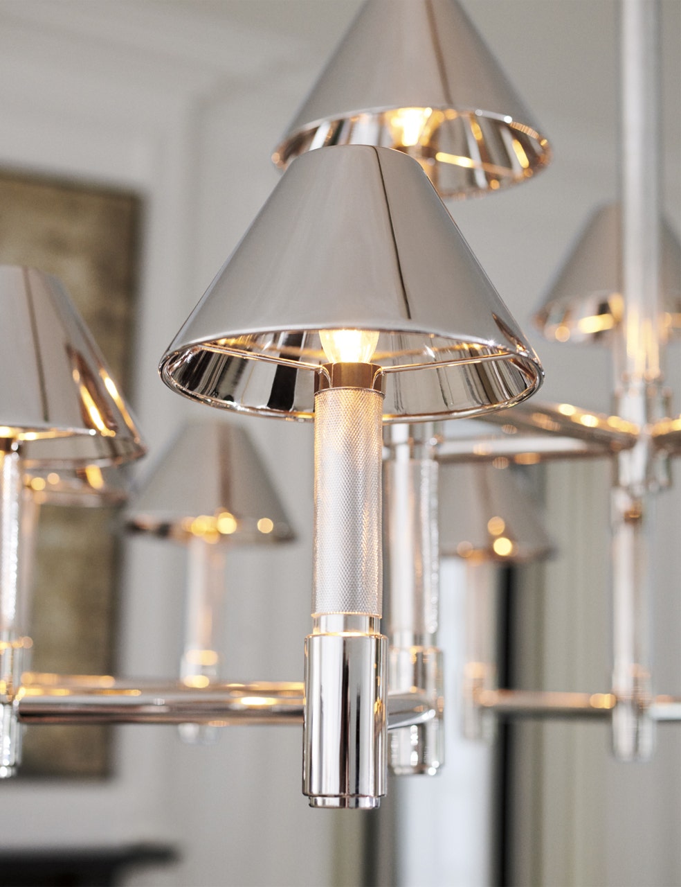 Barrett Large Knurled Chandelier | Polished Nickel | Polished Nickel Shades
