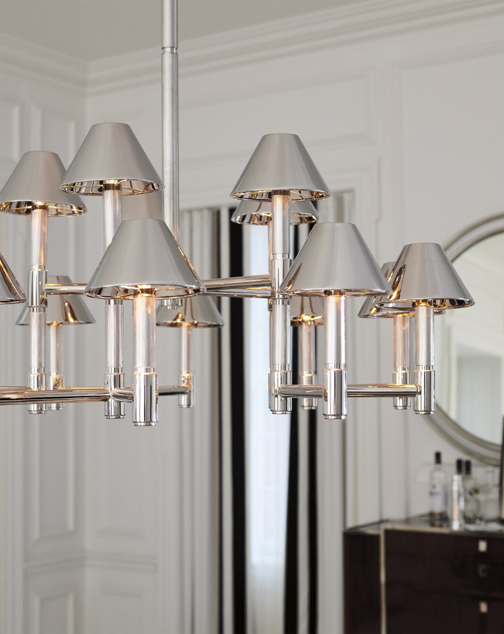 Barrett Large Knurled Chandelier | Polished Nickel | Polished Nickel Shades