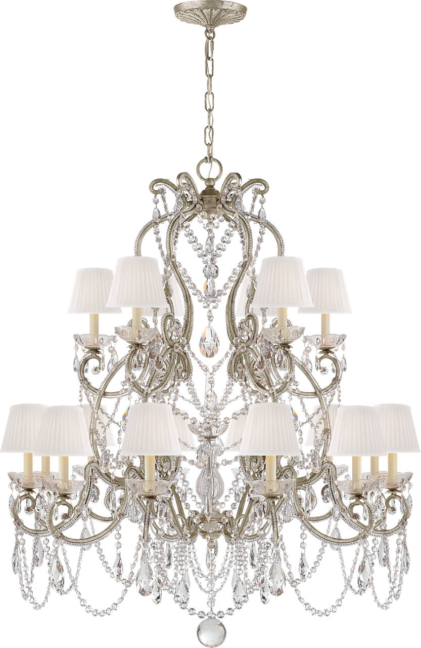 Adrianna Medium Chandelier | Antique Silver Leaf and Crystal | Silk Shades