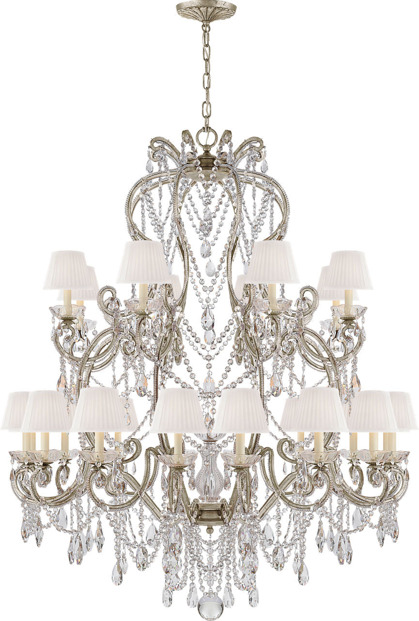 Adrianna Large Chandelier | Antique Silver Leaf and Crystal | Silk Shades