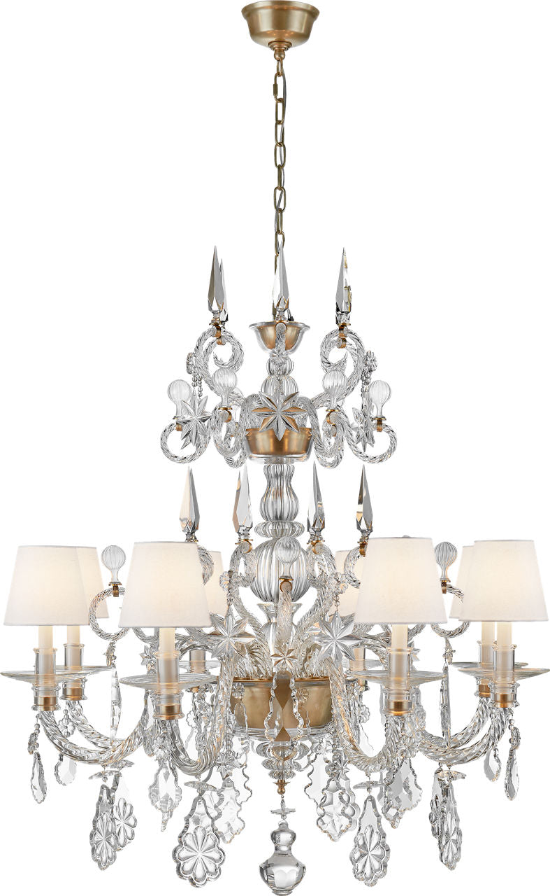 Alexandra Large Chandelier | Crystal Glass and Natural Brass | Linen Shades