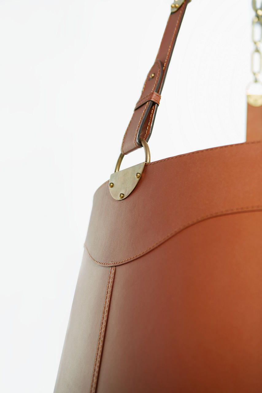 Karlie Large Hanging Shade | Natural Brass | Saddle Leather and Acrylic Diffuser