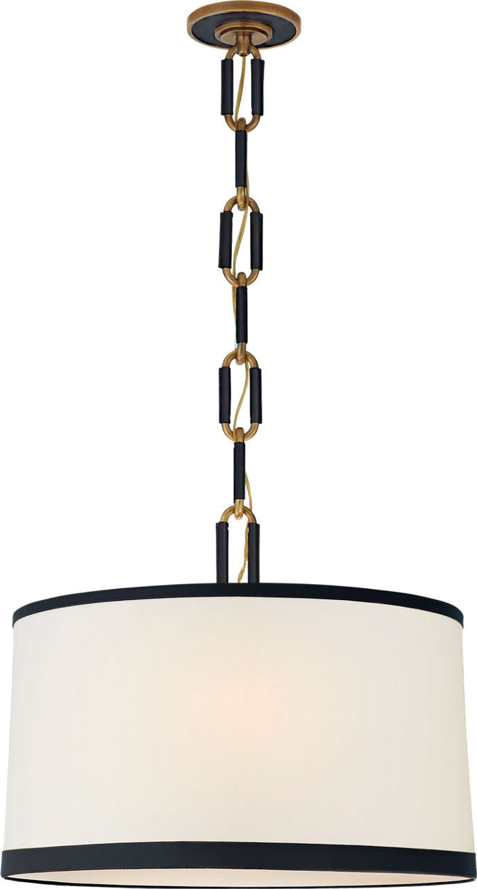 Cody Medium Hanging Shade | Natural Brass | Linen Shade and Navy Leather Trim
