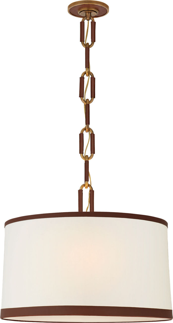 Cody Medium Hanging Shade | Natural Brass | Linen Shade and Saddle Leather Trim