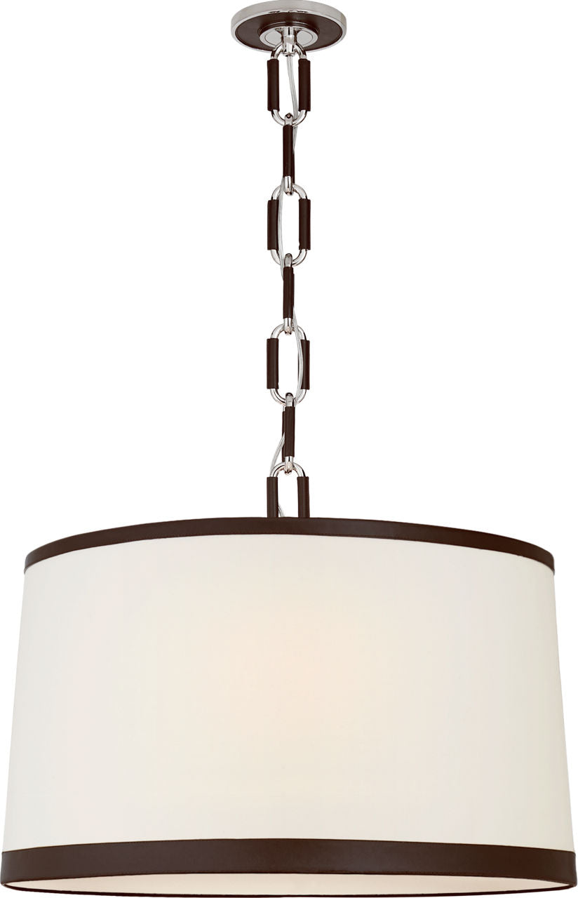 Cody Large Hanging Shade | Polished Nickel | Linen Shade and Chocolate Leather Trim