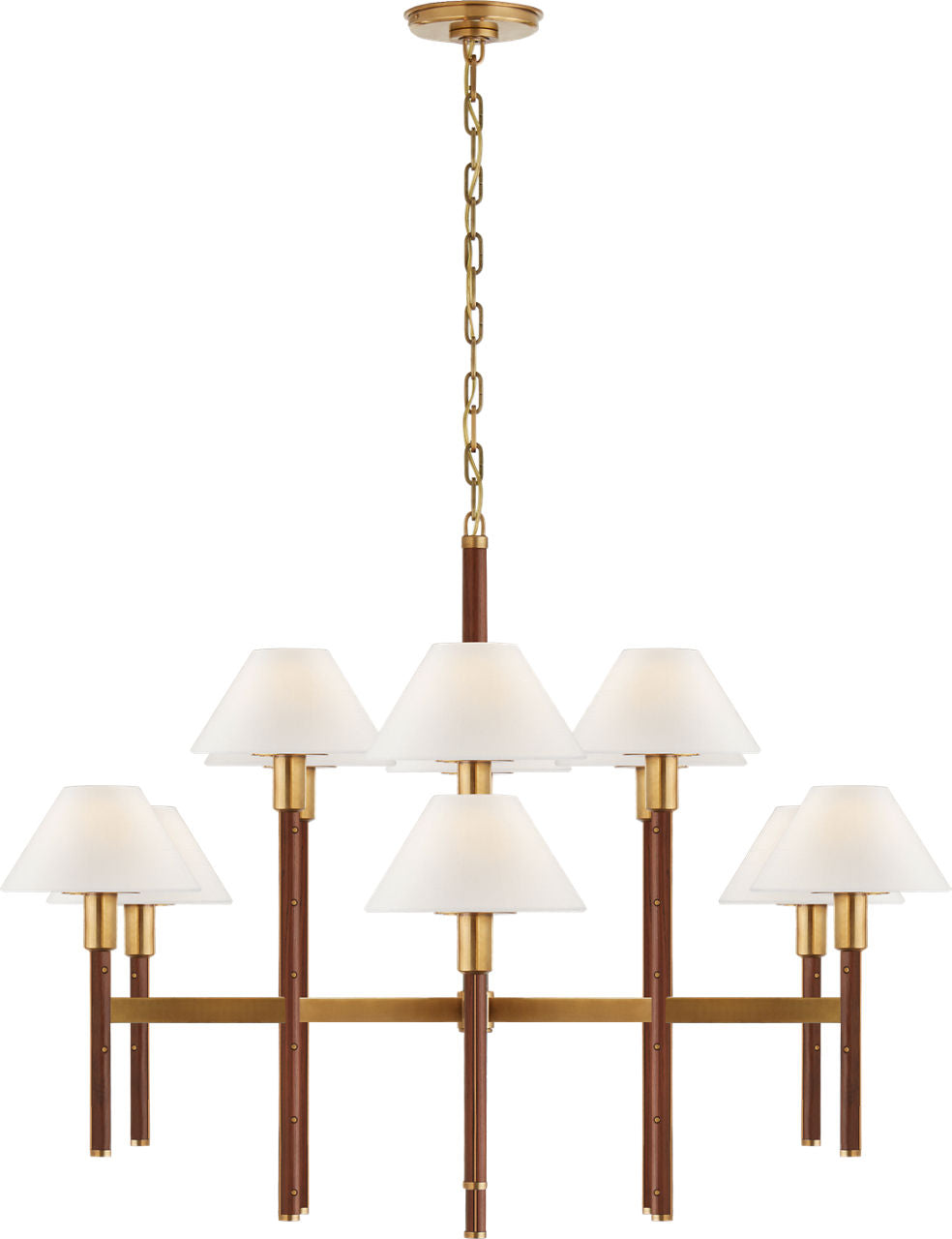 Radford Large Two Tier Chandelier | Natural Brass and Natural Rift Oak | Linen Shades