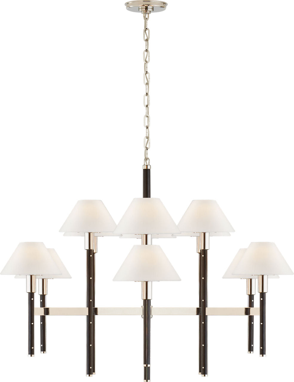 Radford Large Two Tier Chandelier | Polished Nickel and Black Ebony | Linen Shades