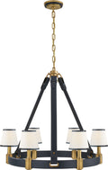 Riley Medium Ring Chandelier | Natural Brass and Navy Leather | Leather Trimmed Linen Shades