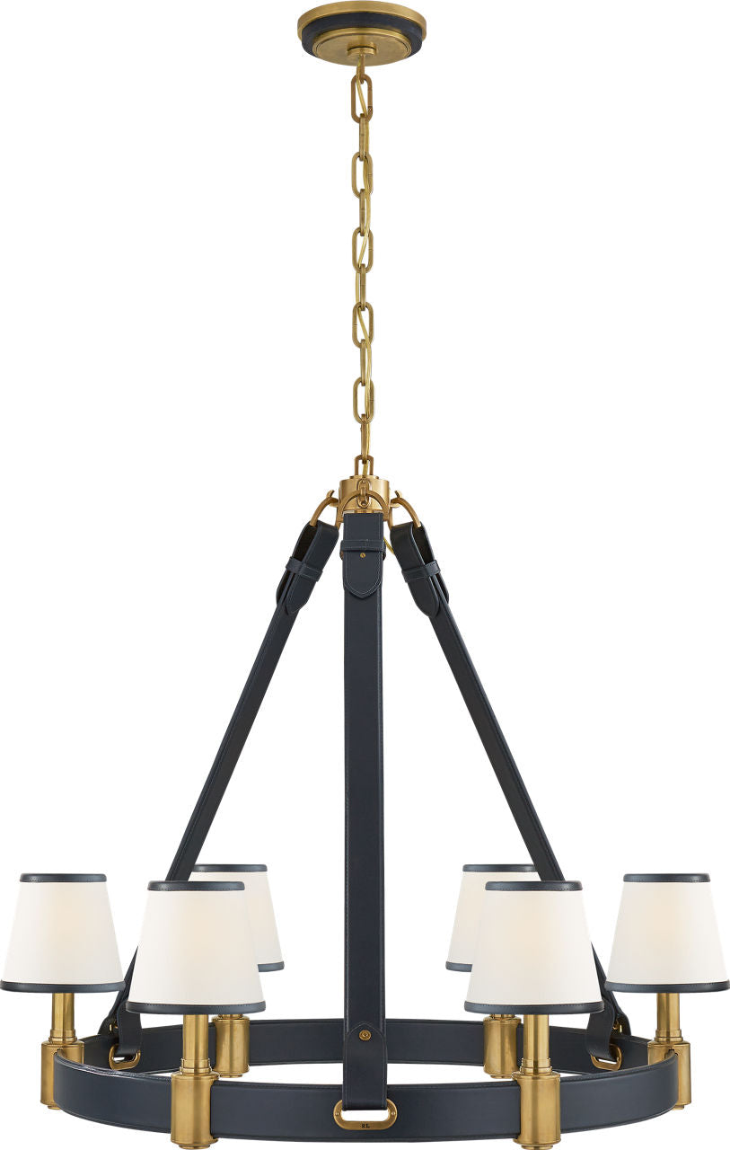 Riley Medium Ring Chandelier | Natural Brass and Navy Leather | Leather Trimmed Linen Shades
