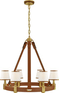 Riley Medium Ring Chandelier | Natural Brass and Saddle Leather | Leather Trimmed Linen Shades