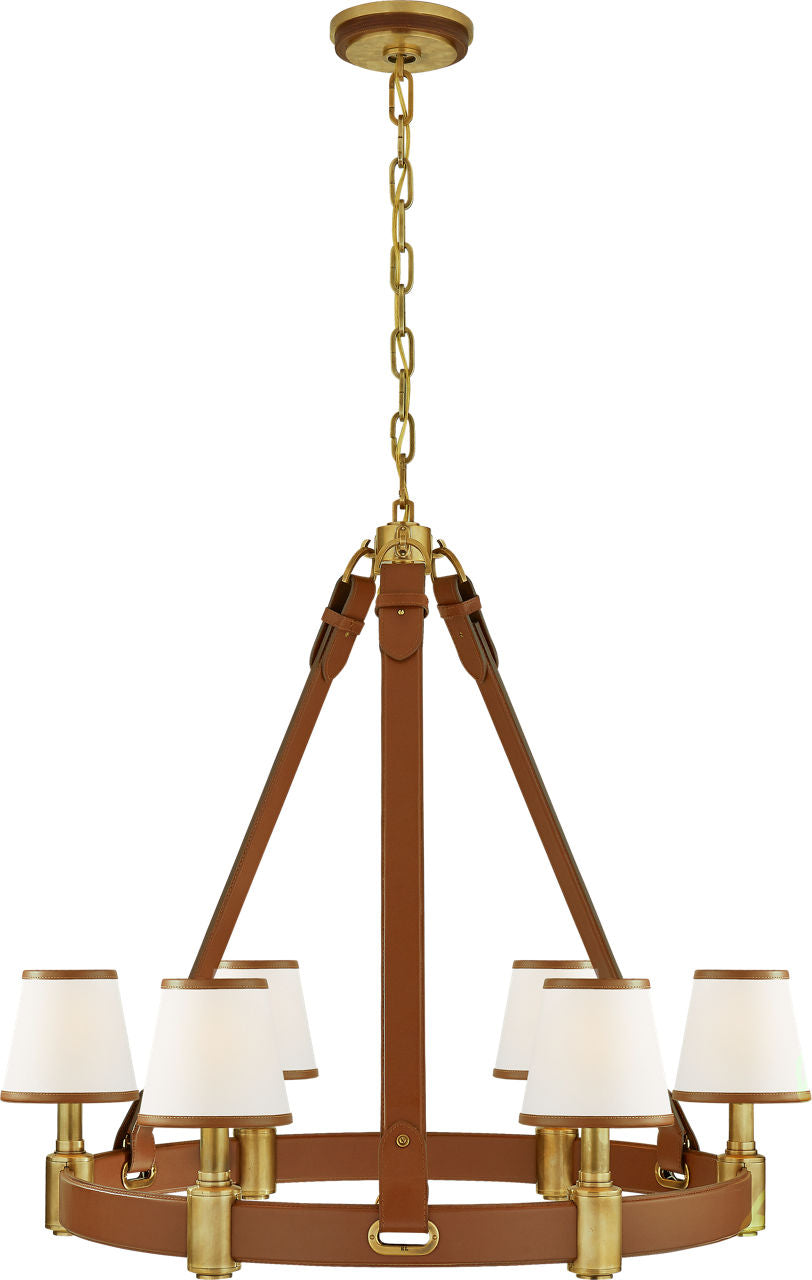 Riley Medium Ring Chandelier | Natural Brass and Saddle Leather | Leather Trimmed Linen Shades