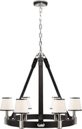 Riley Medium Ring Chandelier | Nickel and Chocolate Leather | Leather Trimmed Linen Shades
