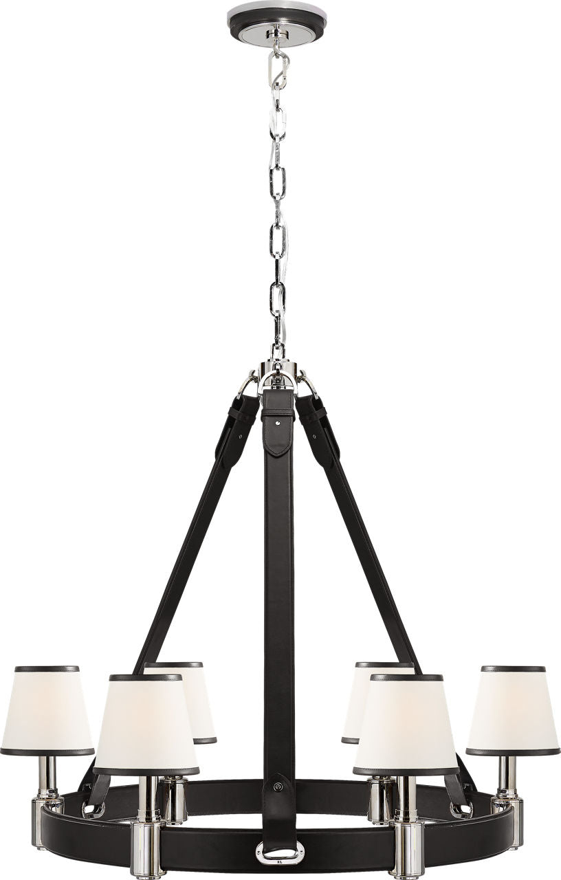 Riley Medium Ring Chandelier | Nickel and Chocolate Leather | Leather Trimmed Linen Shades