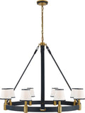 Riley Large Ring Chandelier | Natural Brass and Navy Leather | Leather Trimmed Linen Shades