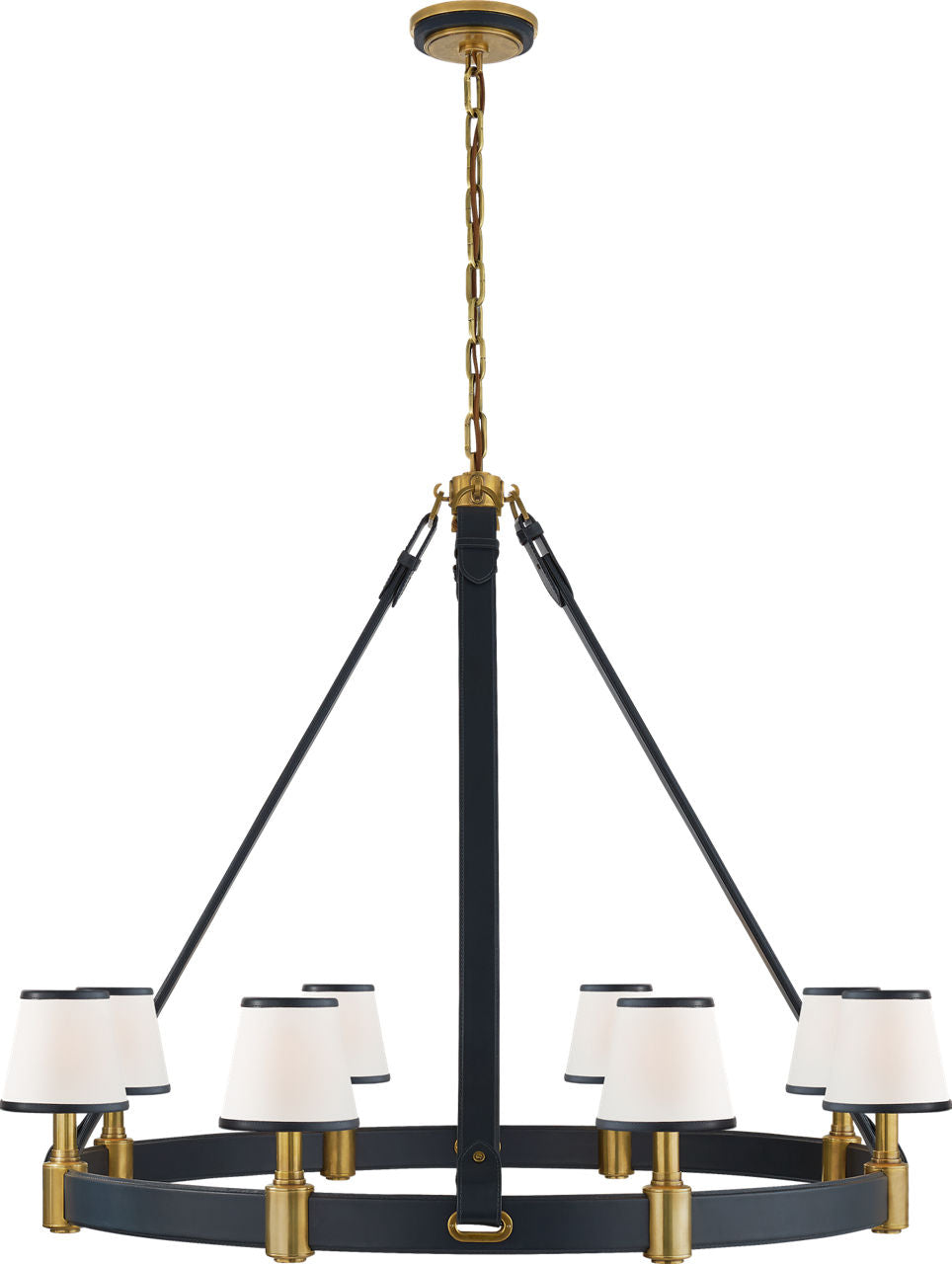 Riley Large Ring Chandelier | Natural Brass and Navy Leather | Leather Trimmed Linen Shades