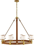 Riley Large Ring Chandelier | Natural Brass and Saddle Leather | Leather Trimmed Linen Shades