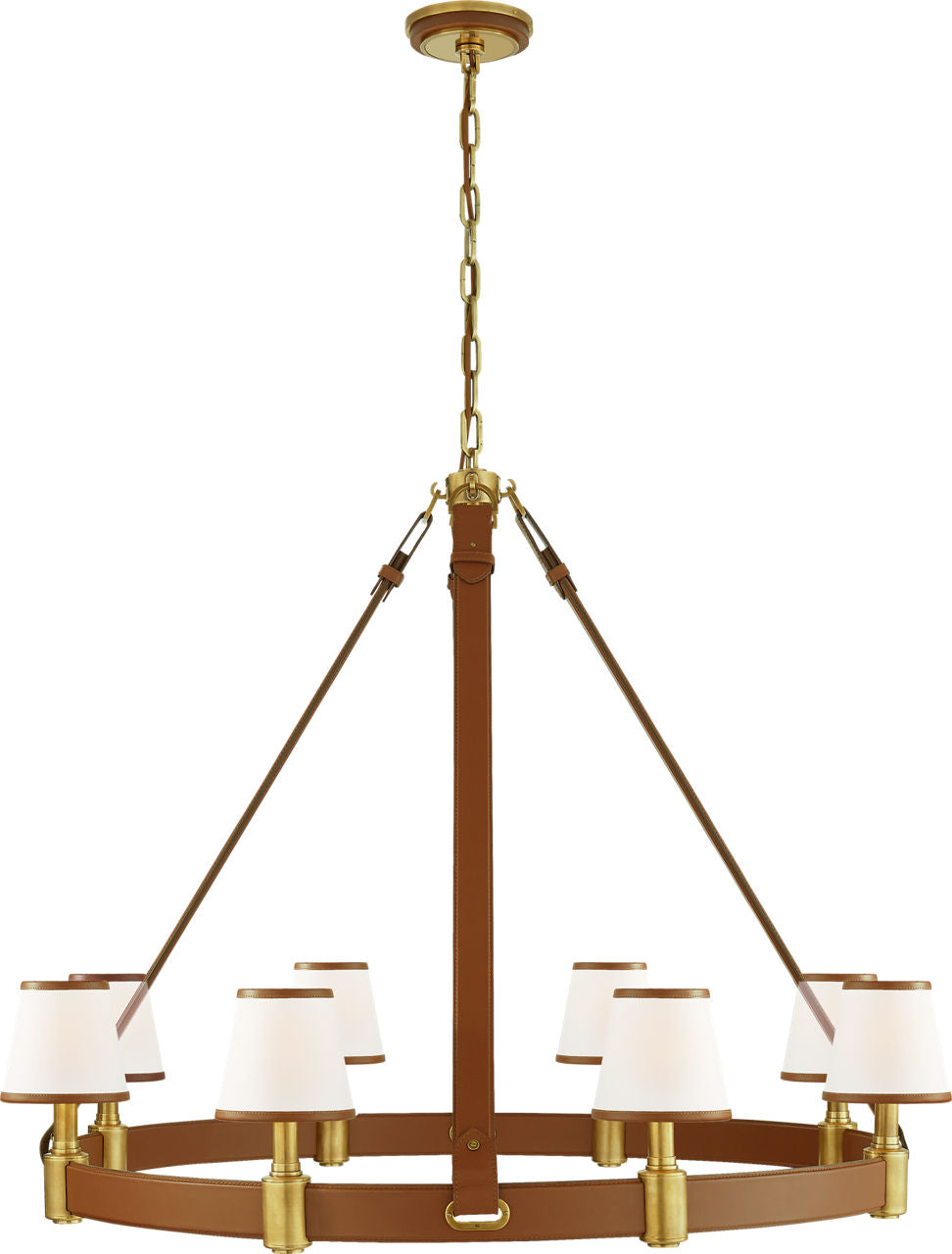 Riley Large Ring Chandelier | Natural Brass and Saddle Leather | Leather Trimmed Linen Shades