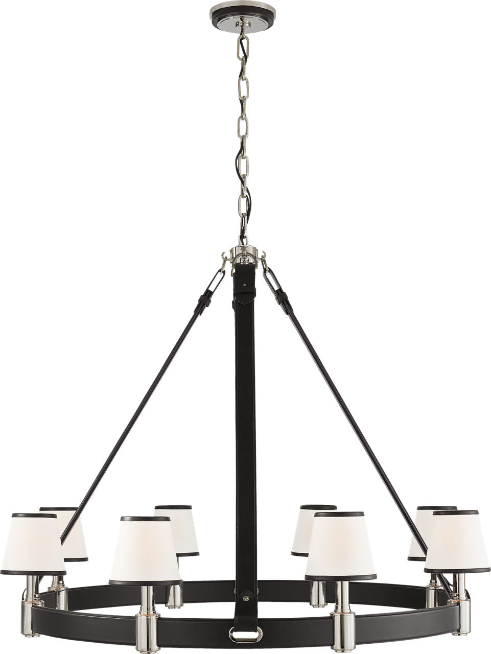 Riley Large Ring Chandelier | Polished Nickel and Chocolate Leather w/ Leather Trimmed Linen Shades