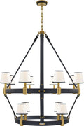 Riley Large Two Tier Chandelier | Natural Brass and Navy Leather | Leather Trimmed Linen Shades