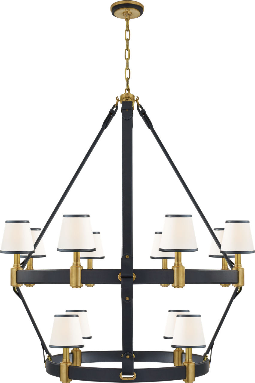 Riley Large Two Tier Chandelier | Natural Brass and Navy Leather | Leather Trimmed Linen Shades