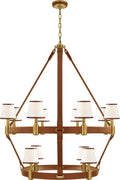 Riley Large Two Tier Chandelier | Natural Brass and Saddle Leather | Leather Trimmed Linen Shades