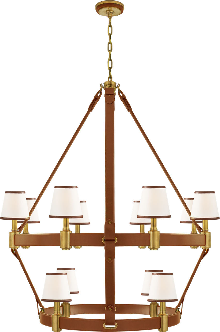 Riley Large Two Tier Chandelier | Natural Brass and Saddle Leather | Leather Trimmed Linen Shades