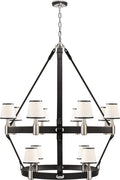 Riley Large Two Tier Chandelier | Nickel and Chocolate Leather | Leather Trimmed Linen Shades