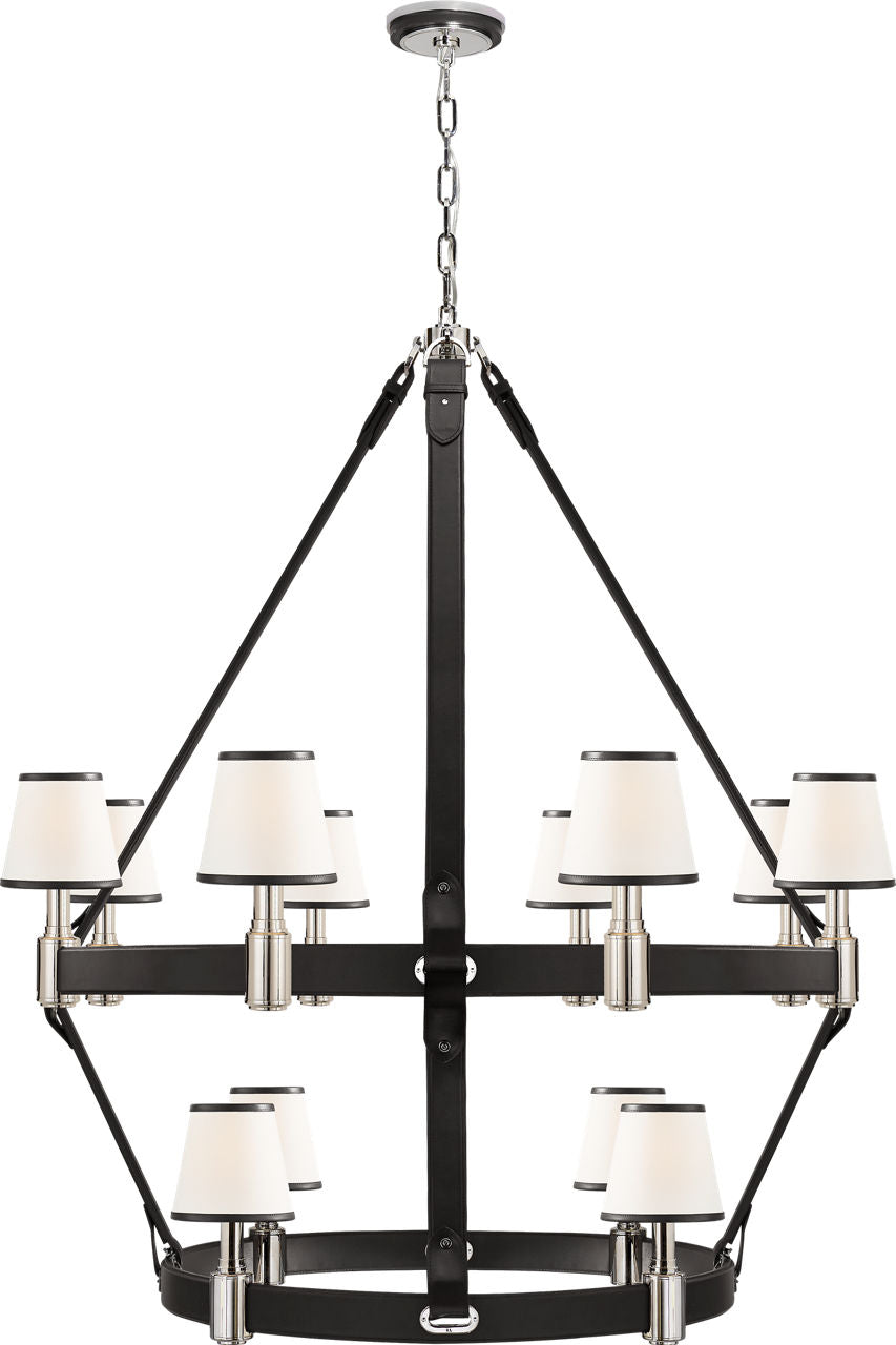 Riley Large Two Tier Chandelier | Nickel and Chocolate Leather | Leather Trimmed Linen Shades