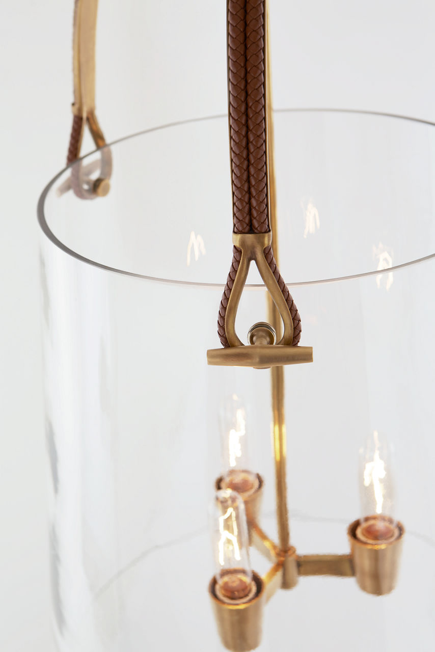 Julian Large Lantern | Natural Brass and Saddle Leather | Clear Glass
