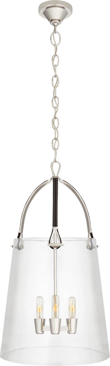 Julian Large Lantern | Polished Nickel and Chocolate Leather | Clear Glass