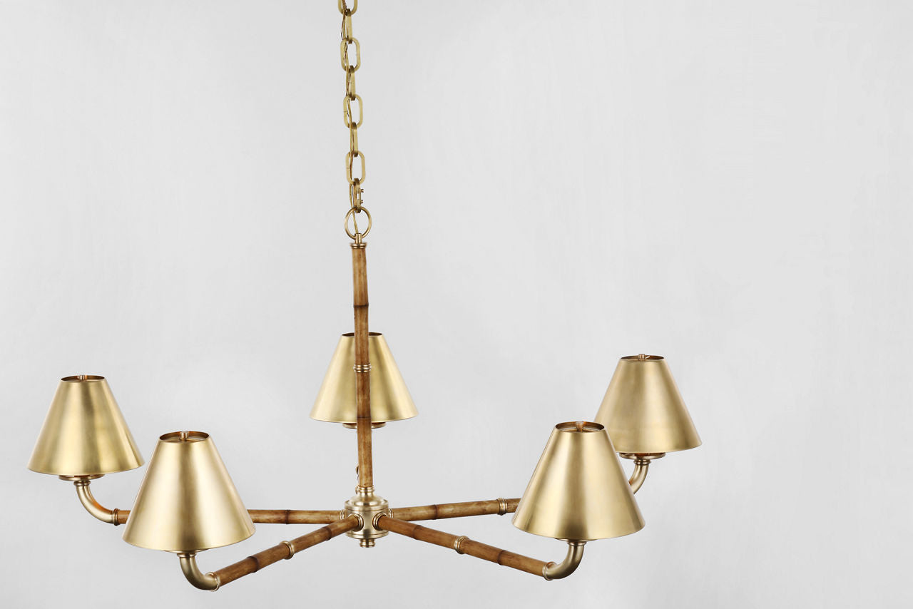 Dalfern Large Chandelier | Waxed Bamboo and Natural Brass | Natural Brass Shades