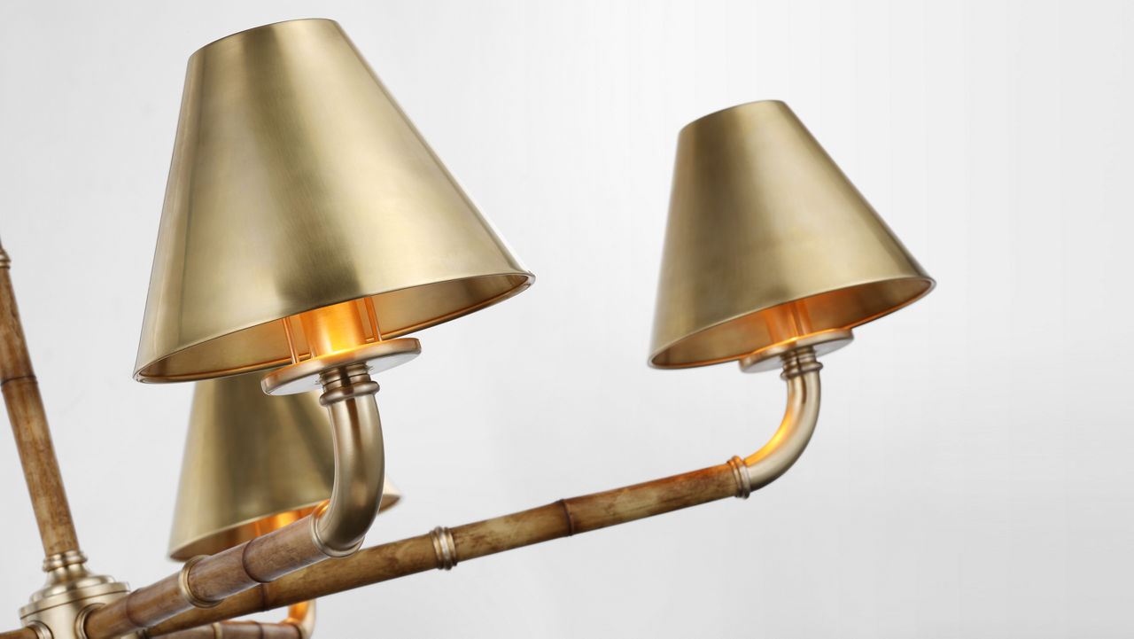 Dalfern Large Chandelier | Waxed Bamboo and Natural Brass | Natural Brass Shades