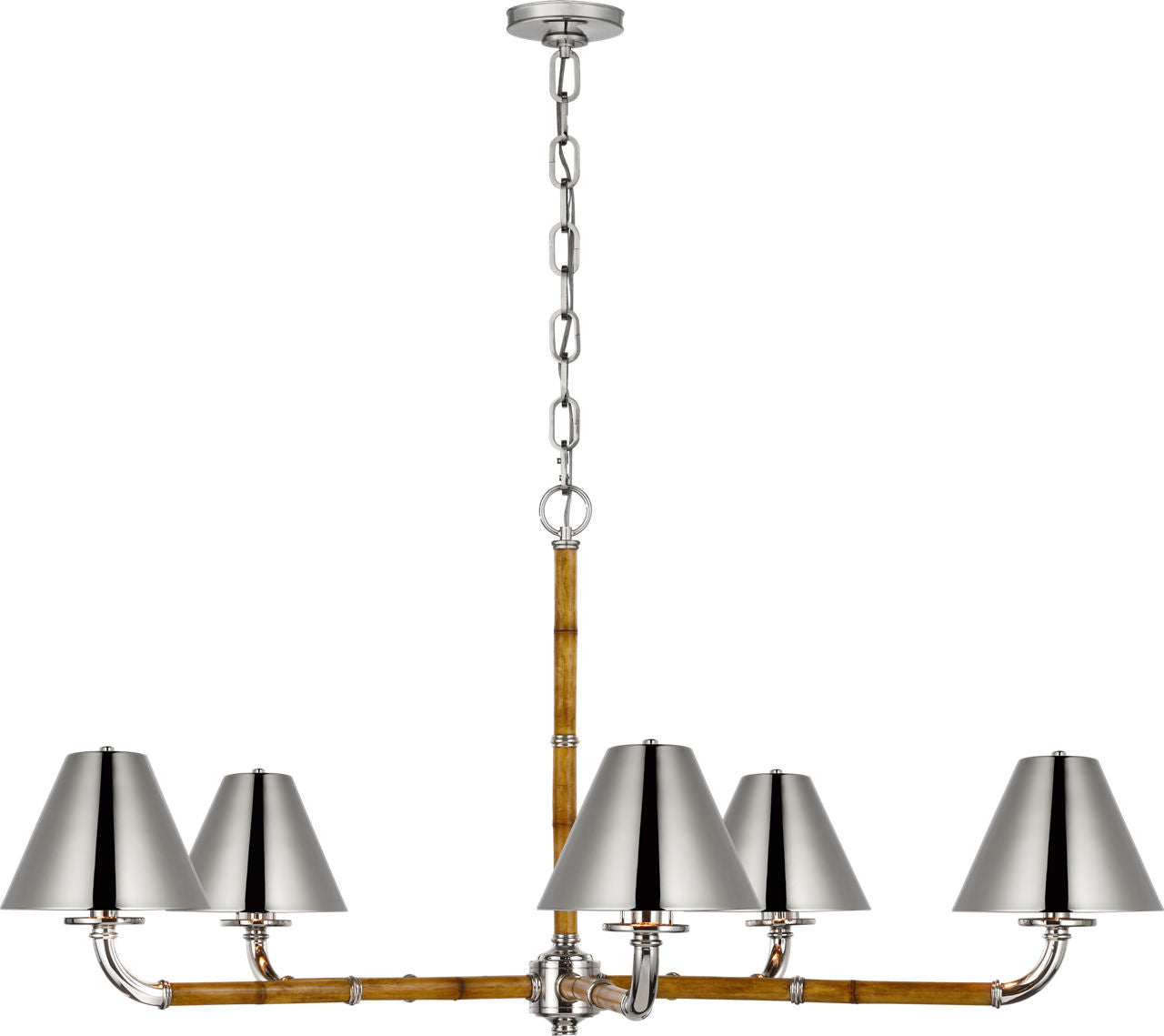 Dalfern Large Chandelier | Waxed Bamboo and Polished Nickel | Polished Nickel Shades
